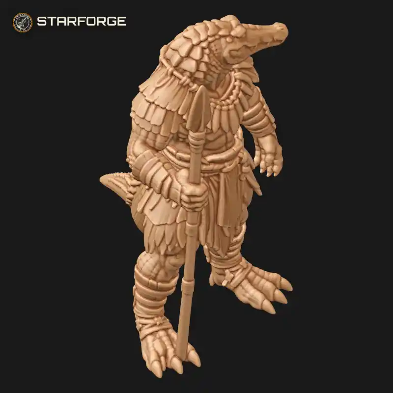 Three Quarter View of Alligator Chieftain with Bone Necklace Feather Mantle Stone Axe Broad Snout and Tail Character Fantasy Tribal 3D Print STL File