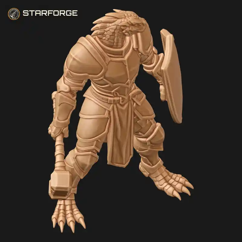 Three Quarter View of Armored Lizardfolk Paladin with Stone Maul Heater Shield and Spiked Scaled Tail Character Fantasy Stylized 3D Print STL File