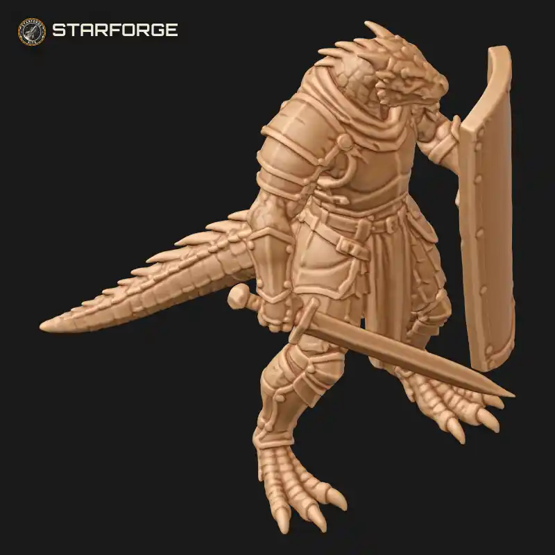 Three Quarter View of Armored Lizardfolk Warrior with Riveted Tower Shield Gladius and Spiked Crested Tail Character Fantasy Realistic 3D Print STL File