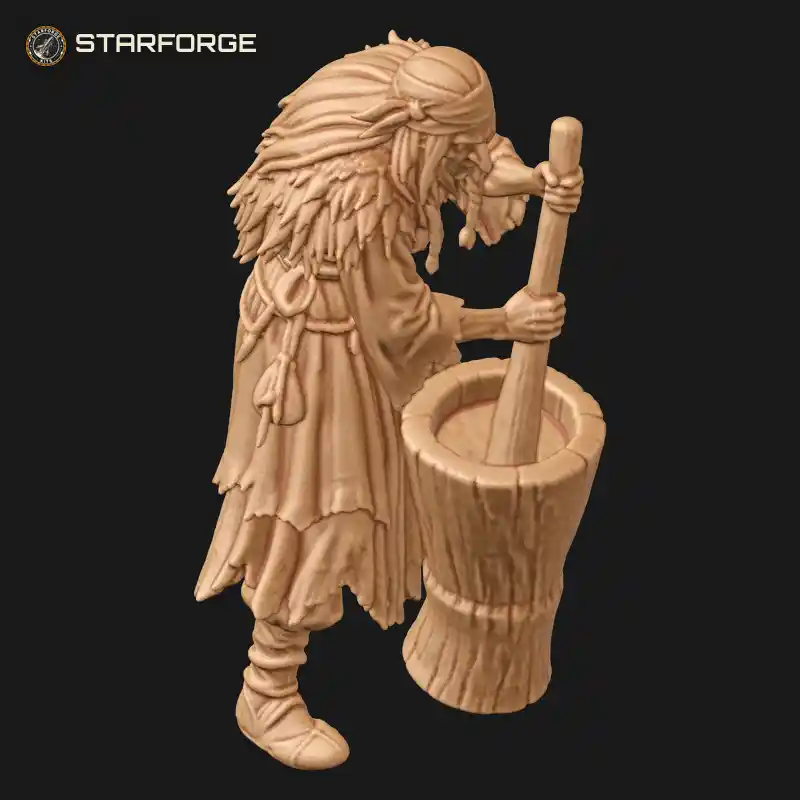 Three Quarter View of Baba Yaga Crone Standing in Wooden Mortar with Pestle Shawl and Hooked Nose Character Fairy Tale Realistic 3D Print STL File