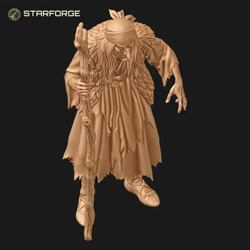 Three Quarter View of Baba Yaga Crone with Gnarled Staff Headscarf Iron Teeth Hunched Back and Shawl Character Fairy Tale Realistic 3D Print STL File