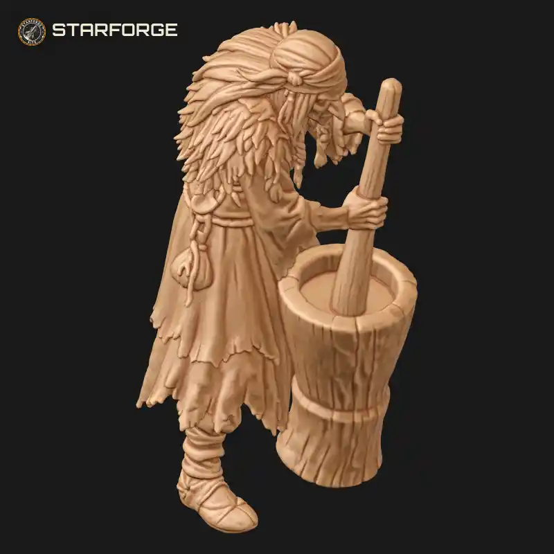 Three Quarter View of Baba Yaga Witch Riding Wooden Mortar with Pestle Headscarf and Feathered Cloak Character Fairy Tale Stylized 3D Print STL File