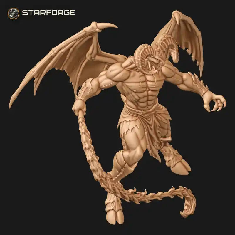Three Quarter View of Balor Demon Figure With Flame Whip Bat Wings And Horned Head Character Dark Fantasy Realistic 3D Print STL File