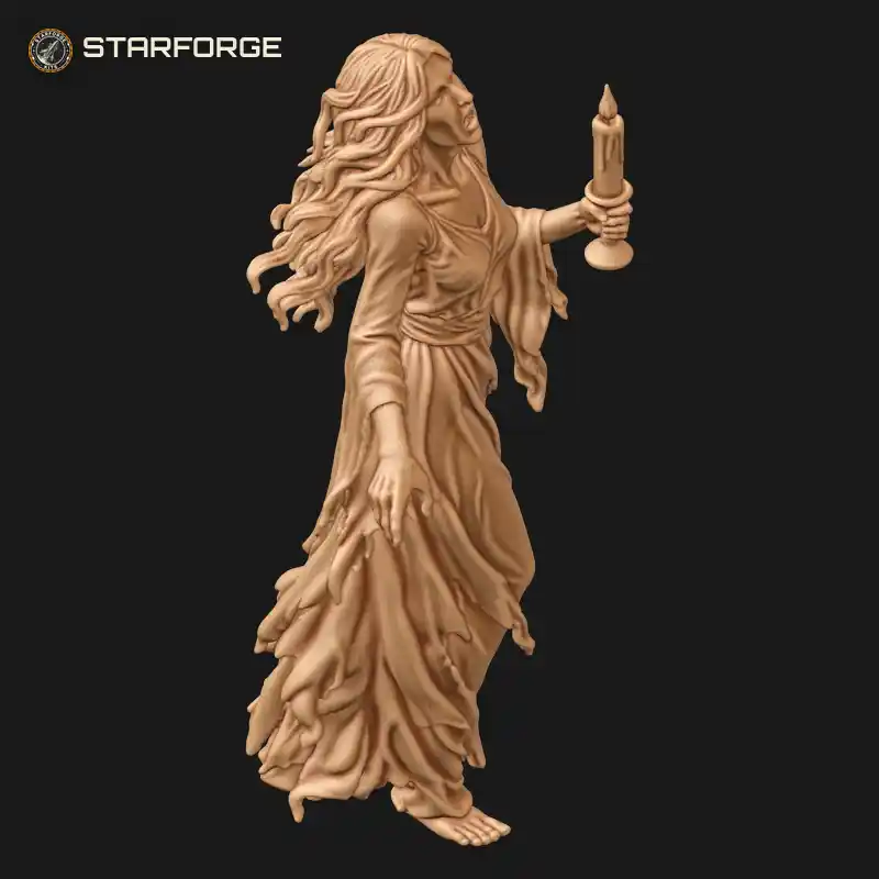 Three Quarter View of Banshee Holding Candle with Hooded Shroud Long Hair Gaunt Face and Torn Gown Character Dark Fantasy Stylized 3D Print STL File