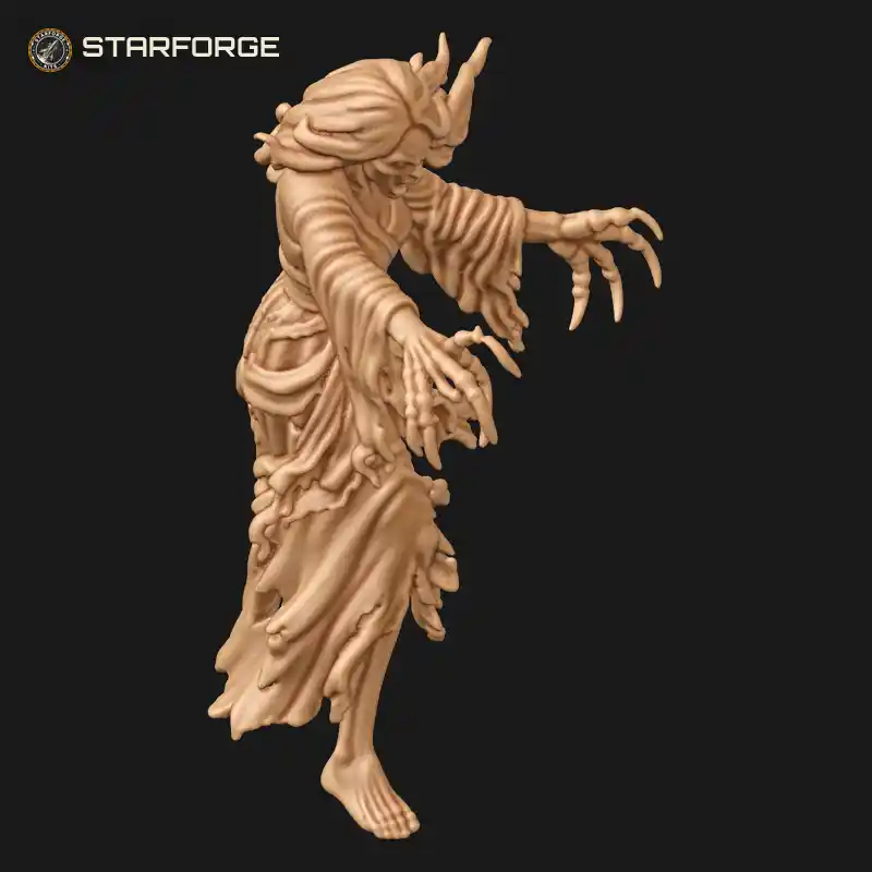 Three Quarter View of Banshee Reaching with Outstretched Clawed Hands Long Hair Hollow Eyes and Torn Shroud Character Dark Fantasy Stylized 3D Print STL File