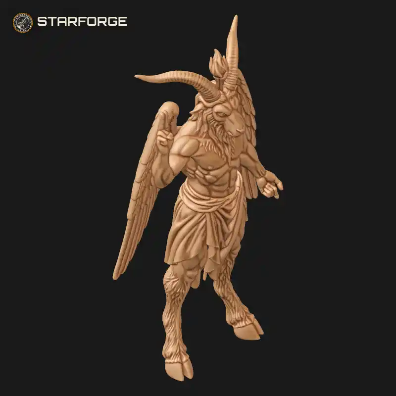Three Quarter View of Baphomet Figure With Raised Hand Goat Head Wings And Robe Character Dark Fantasy Realistic 3D Print STL File