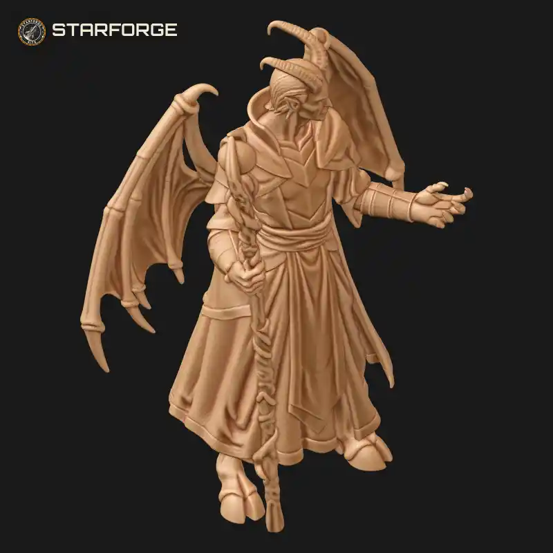 Three Quarter View of Cambion Mage Figure With Staff Hooded Robe Horns And Tail Character Fantasy Stylized 3D Print STL File