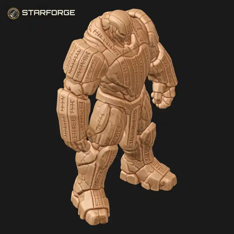 Three Quarter View of Clay Golem with Inscribed Forehead Smooth Clay Body and Heavy Arms Creature Fantasy Stylized 3D Print STL File
