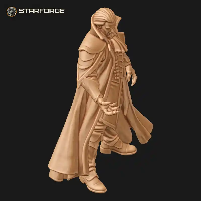 Three Quarter View of Cloaked Vampire Lord Baring Fangs with Tall Collar Cravat Frock Coat and Clawed Open Hand Character Horror Realistic 3D Print STL File