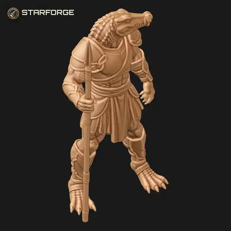 Three Quarter View of Crocodile Headed Warrior with Spear Toothed Snout Leather Armor Scaled Arms and Thick Tail Character Fantasy Realistic 3D Print STL File