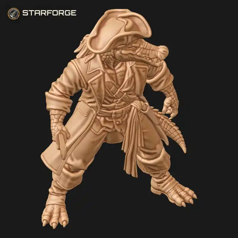 Three Quarter View of Crocodile Pirate with Cutlass Tricorn Hat Long Coat Toothed Snout and Thick Tail Character Pirates Stylized 3D Print STL File
