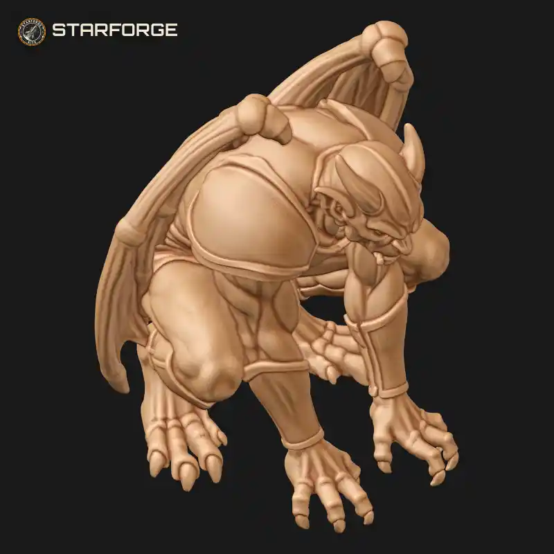 Three Quarter View of Crouching Gargoyle Figure With Folded Bat Wings Claws And Horns Creature Fantasy Stylized 3D Print STL File