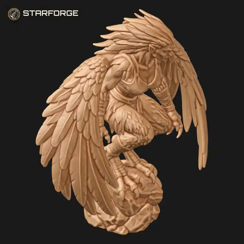 Three Quarter View of Crouching Harpy with Folded Feathered Wings and Clawed Hands Perched on Rock Character Mythology Stylized 3D Print STL File
