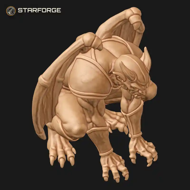 Three Quarter View of Crouching Horned Gargoyle with Spread Bat Wings Pauldrons Bracers and Loincloth Creature Dark Fantasy Realistic 3D Print STL File