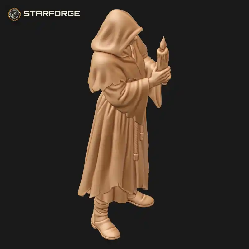 Three Quarter View of Cultist Holding Ritual Candle with Deep Hood Embroidered Robe and Amulet Character Dark Fantasy Realistic 3D Print STL File