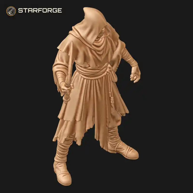 Three Quarter View of Cultist with Hooked Ritual Sickle Tattered Hooded Robe Rope Belt and Bare Feet Character Dark Fantasy Realistic 3D Print STL File