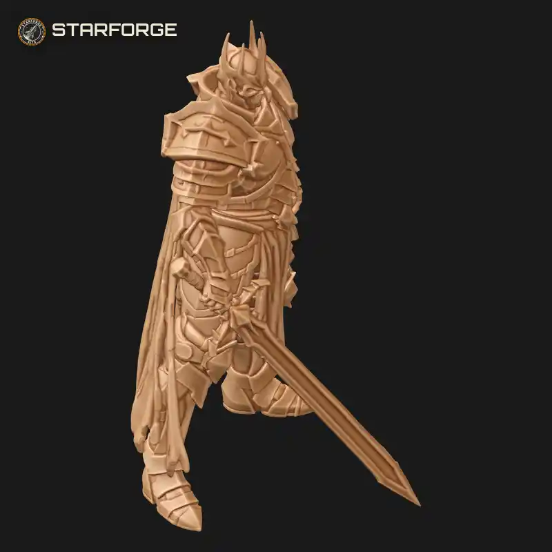 Three Quarter View of Death Knight in Dark Spiked Plate Armor with Runed Greatsword and Tattered Cape Character Dark Fantasy Stylized 3D Print STL File