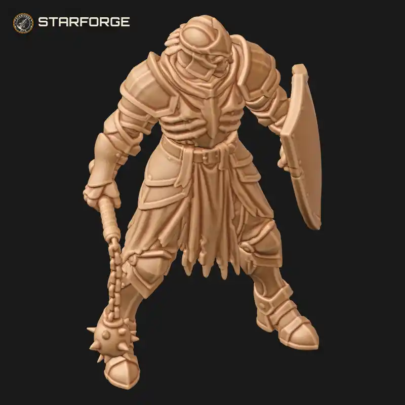 Three Quarter View of Death Knight with Spiked Flail Tower Shield Horned Helm and Heavy Plate Armor Character Dark Fantasy Stylized 3D Print STL File