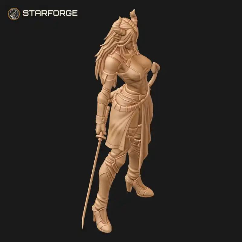 Three Quarter View of Demon Girl with Katana Curved Horns Pointed Tail and Torn Kimono Character Fantasy Realistic 3D Print STL File
