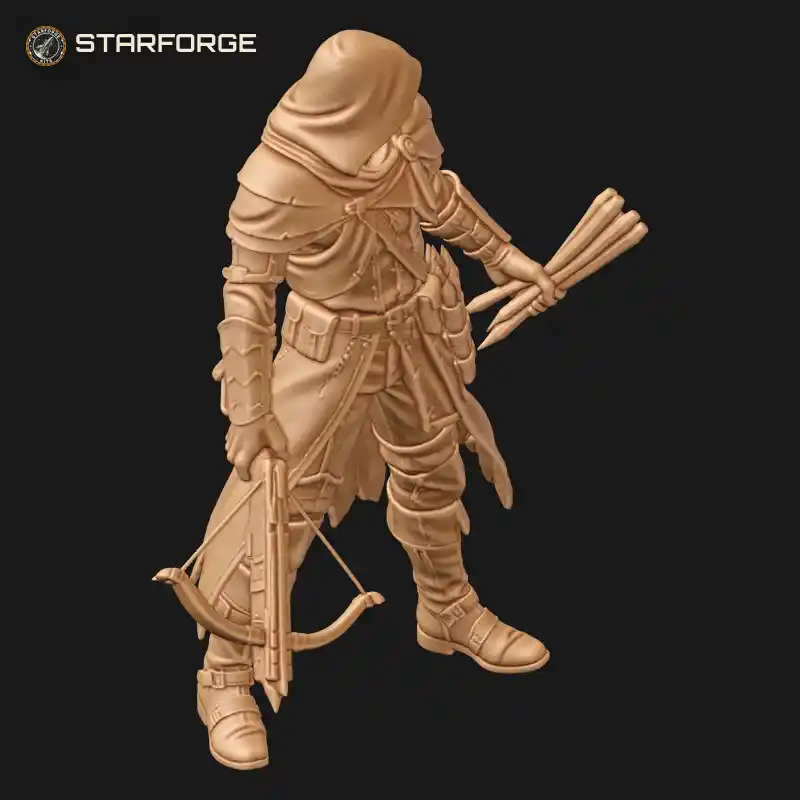 Three Quarter View of Demon Hunter Figure With Wide Brim Hat Long Coat Crossbow And Wooden Stakes Character Dark Fantasy Realistic 3D Print STL File