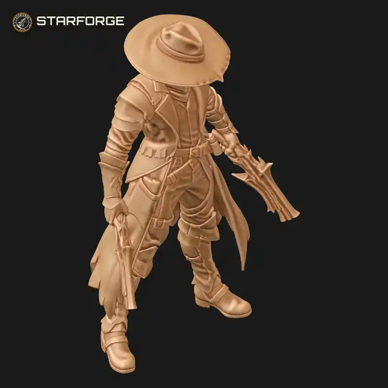 Three Quarter View of Demon Hunter Figure With Wide Brim Hat Long Leather Coat Pistol And Silver Blade Character Dark Fantasy Realistic 3D Print STL File