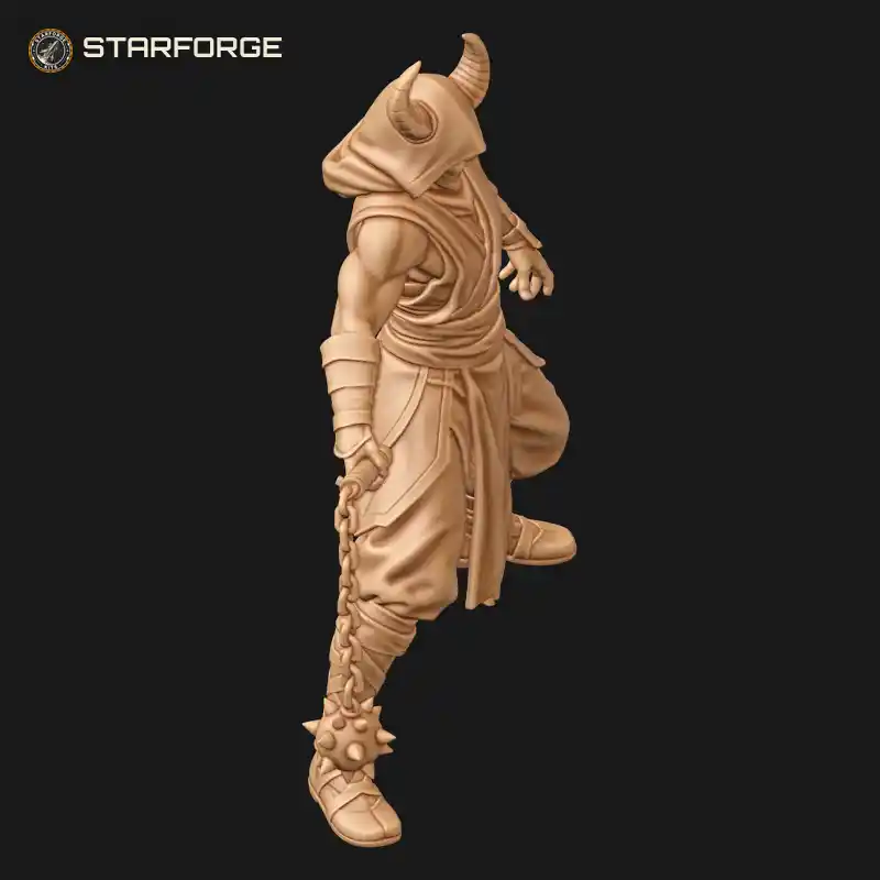 Three Quarter View of Demon Hunter Monk Figure With Hooded Robe Prayer Beads And Chain Flail Character Dark Fantasy Realistic 3D Print STL File