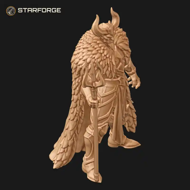 Three Quarter View of Demon King Figure In Fur Mantle With Ram Horns And Iron Scepter Character Dark Fantasy Stylized 3D Print STL File