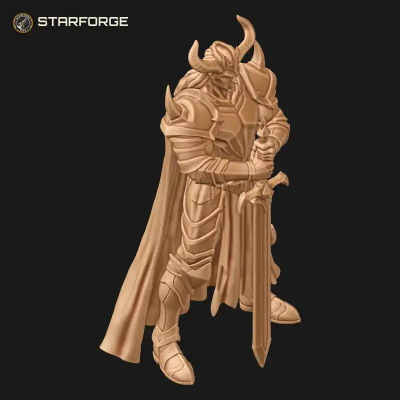 Three Quarter View of Demon King Warrior Figure With Two Handed Sword Spiked Armor And Horns Character Dark Fantasy Stylized 3D Print STL File