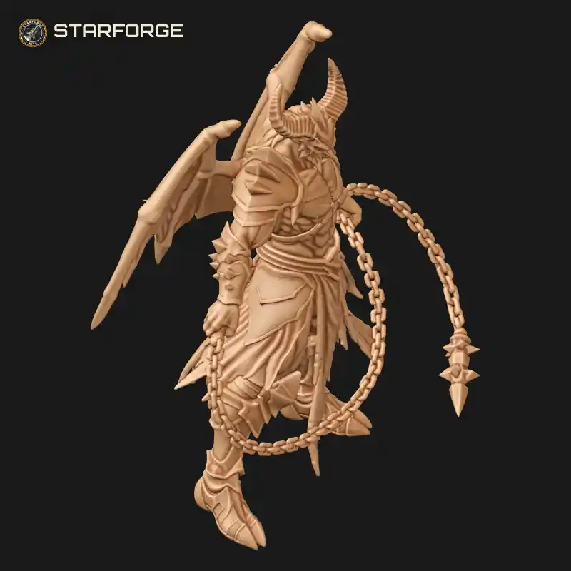 Three Quarter View of Demon Lord Figure With Chain Whip Horned Helm And Wings Character Dark Fantasy Stylized 3D Print STL File