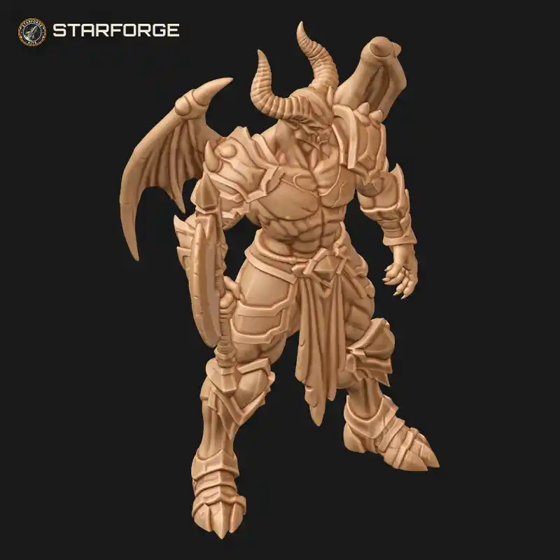 Three Quarter View of Demon Lord Figure With Massive Horns Spiked Armor Bat Wings And Double Battle Axe Character Dark Fantasy Stylized 3D Print STL File