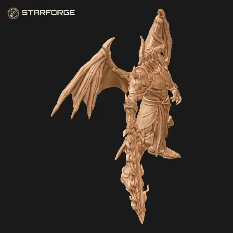 Three Quarter View of Demon Lord Figure With Massive Horns Spiked Armor Bat Wings And Flaming Greatsword Character Dark Fantasy Stylized 3D Print STL File
