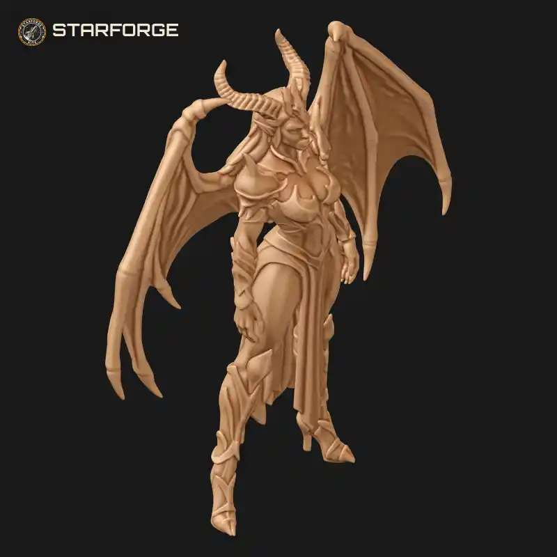 Three Quarter View of Demon Queen Figure With Bat Wings Horned Tiara And Long Gown Character Dark Fantasy Stylized 3D Print STL File