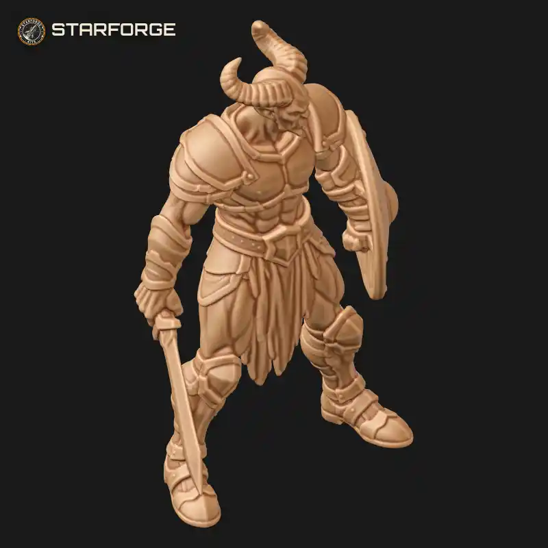 Three Quarter View of Demon Warrior Figure With Round Shield Axe And Ram Horns Character Fantasy Stylized 3D Print STL File