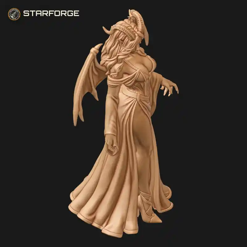 Three Quarter View of Devil Girl Figure In Long Red Gown With Horns And Tail Character Dark Fantasy Realistic 3D Print STL File