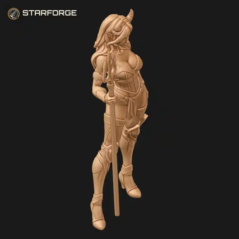 Three Quarter View of Devil Girl Figure With Pitchfork Small Horns Tail And Corset Dress Character Fantasy Stylized 3D Print STL File