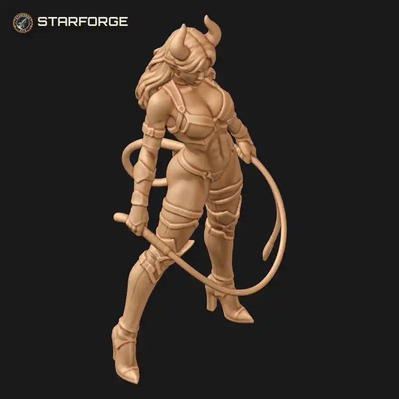 Three Quarter View of Devil Girl with Coiled Whip Small Horns Arrow Tail and Leather Corset Character Dark Fantasy Realistic 3D Print STL File