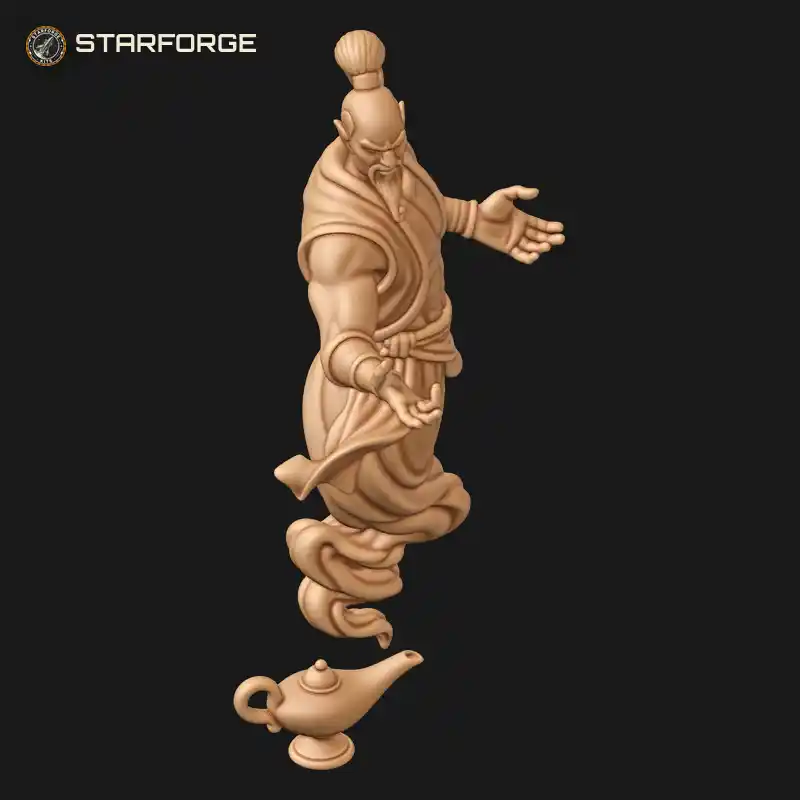 Three Quarter View of Djinn Figure Rising From Oil Lamp With Smoke Tail And Turban Character Mythology Stylized 3D Print STL File