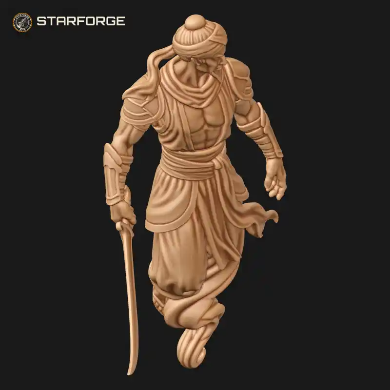 Three Quarter View of Djinn Warrior Figure With Scimitar Sash And Muscular Arms Character Fantasy Stylized 3D Print STL File