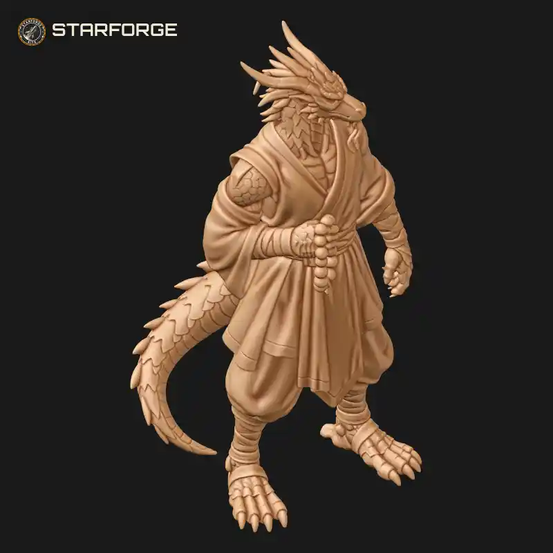 Three Quarter View of Dragon Man Monk in Sash Robe with Prayer Beads Horned Head Bare Feet and Tail Character Martial Arts Realistic 3D Print STL File