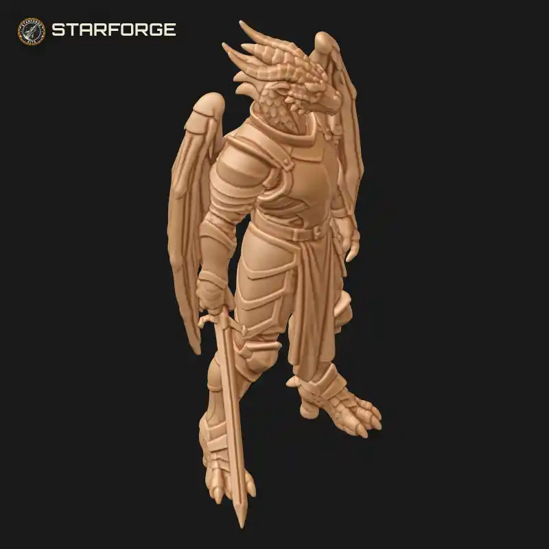 Three Quarter View of Dragonkin Knight with Folded Wings Longsword Plate Armor Horned Head and Tail Character Fantasy Realistic 3D Print STL File