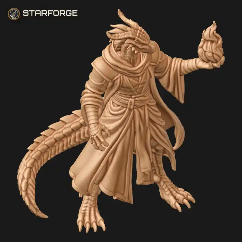 Three Quarter View of Dragonkin Sorcerer Raising Flame Orb with Horned Head Robes Clawed Hands and Tail Character Fantasy Realistic 3D Print STL File