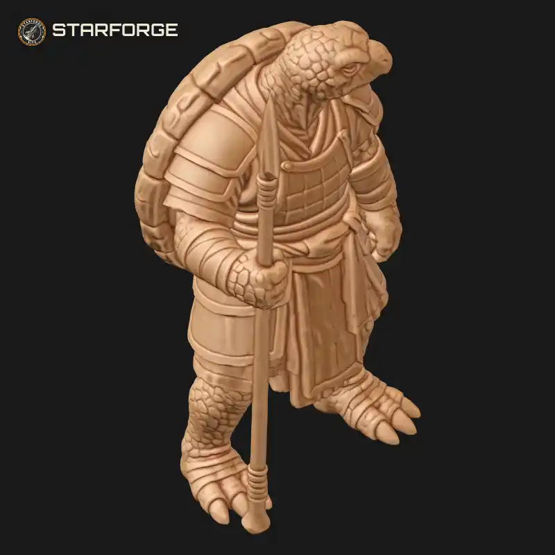 Three Quarter View of Elder Turtle Warrior in Layered Armor with Knotted Sash and Leaf-Bladed Spear Character Fantasy Stylized 3D Print STL File