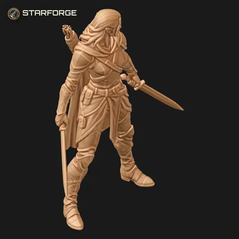 Three Quarter View of Elf Ranger with Twin Curved Swords Hooded Cloak Pointed Ears and Leather Boots Character Fantasy Realistic 3D Print STL File