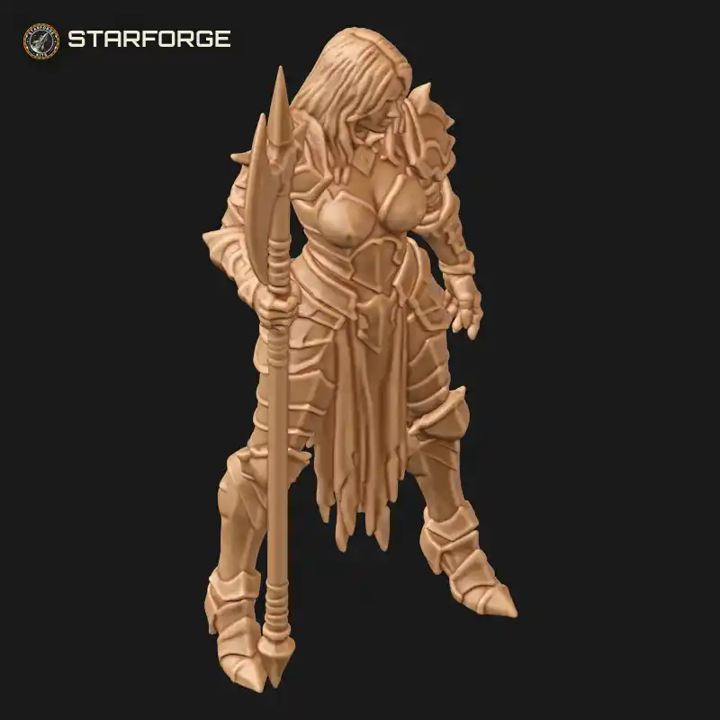Three Quarter View of Female Death Knight in Spiked Plate Armor with Long Hair and Crescent Halberd Character Dark Fantasy Realistic 3D Print STL File