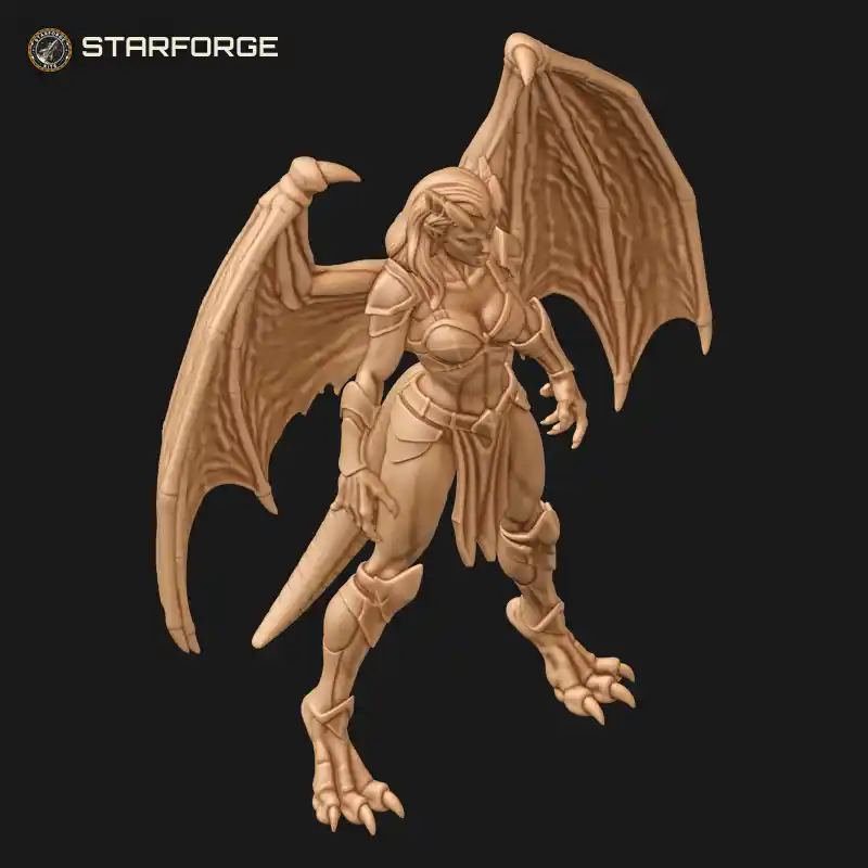 Three Quarter View of Female Gargoyle Figure With Spread Stone Wings Horns And Tail Character Fantasy Stylized 3D Print STL File