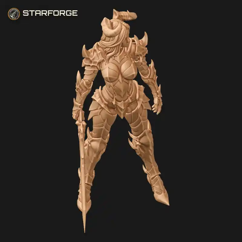 Three Quarter View of Female Knight Figure In Spiked Demon Armor With Longsword Character Dark Fantasy Realistic 3D Print STL File