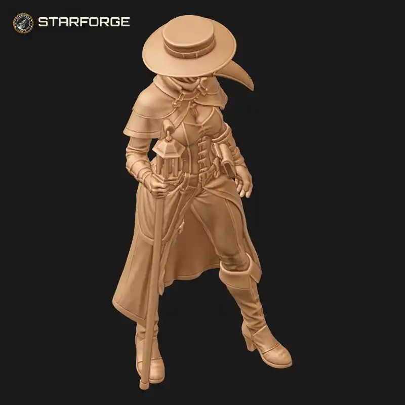 Three Quarter View of Female Plague Doctor Figure With Beaked Mask Leather Corset And Long Coat Character Dark Fantasy Realistic 3D Print STL File