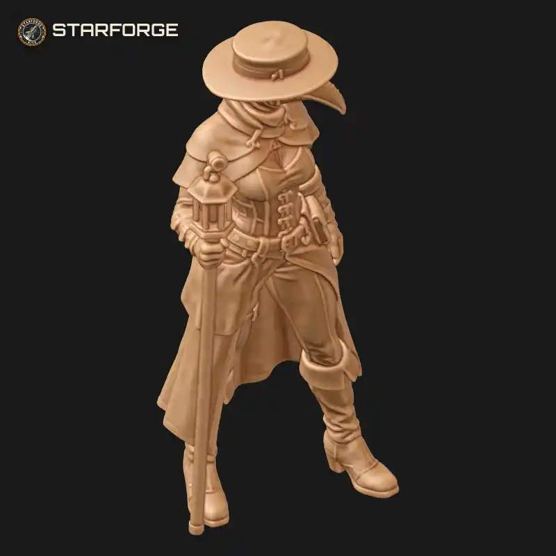 Three Quarter View of Female Plague Doctor in Leather Corset Beak Mask Wide Brim Hat and Lantern Staff Character Dark Fantasy Realistic 3D Print STL File
