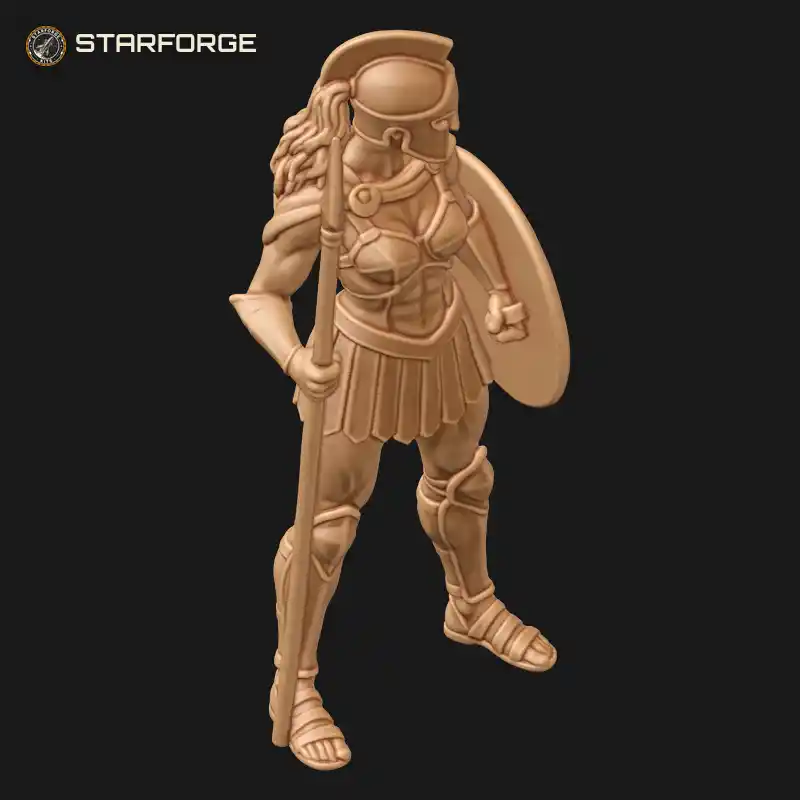 Three Quarter View of Female Spartan Warrior with Crested Corinthian Helmet Long Spear and Round Hoplite Shield Character Mythology Realistic 3D Print STL File