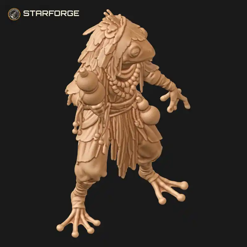 Three Quarter View of Frogman Shaman Shaking Gourd Rattle with Reed Cloak Beaded Necklace and Webbed Feet Character Fantasy Stylized 3D Print STL File